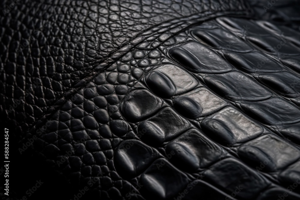 a close up of a black leather textured material with crocodile skin and stitching on the inside of the leather, with a black background. generative ai a close up of a black leather textured material with crocodile skin and stitching on the inside of the leather, with a black background. generative ai