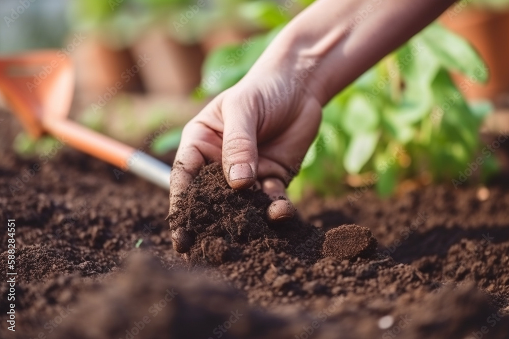 Gardener hands close up, hobby and leisure work at garden. Generative AI Gardener hands close up, hobby and leisure work at garden. Generative AI
