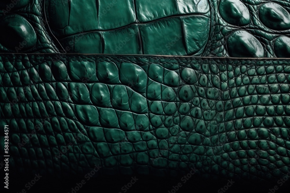  a close up of a green alligator leather textured material with a black background photo of a crocodile skin textured with a black background.  generative ai - obrazy, fototapety, plakaty 