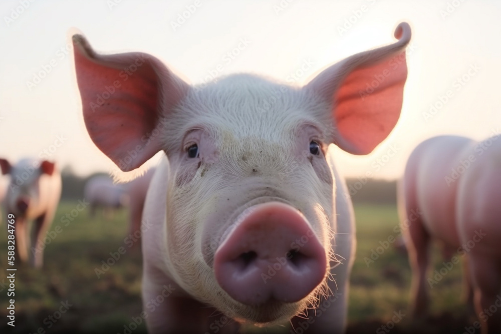 Happy pigs roaming free and farm meadow and mud. Farm animal welfare and care. Generative Ai Happy pigs roaming free and farm meadow and mud. Farm animal welfare and care. Generative Ai