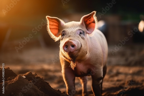 Happy pigs roaming free and farm meadow and mud. Farm animal welfare and care. Generative Ai © marcin jucha