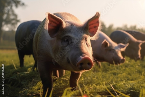 Happy pigs roaming free and farm meadow and mud. Farm animal welfare and care. Generative Ai