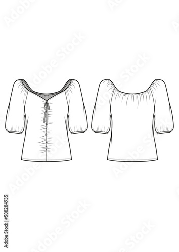 womens half puff volume sleeve ruching detail tie detail sweetheart neckline top feminine technical drawing / flat sketch /CAD / ADOBE Illustrator vector
