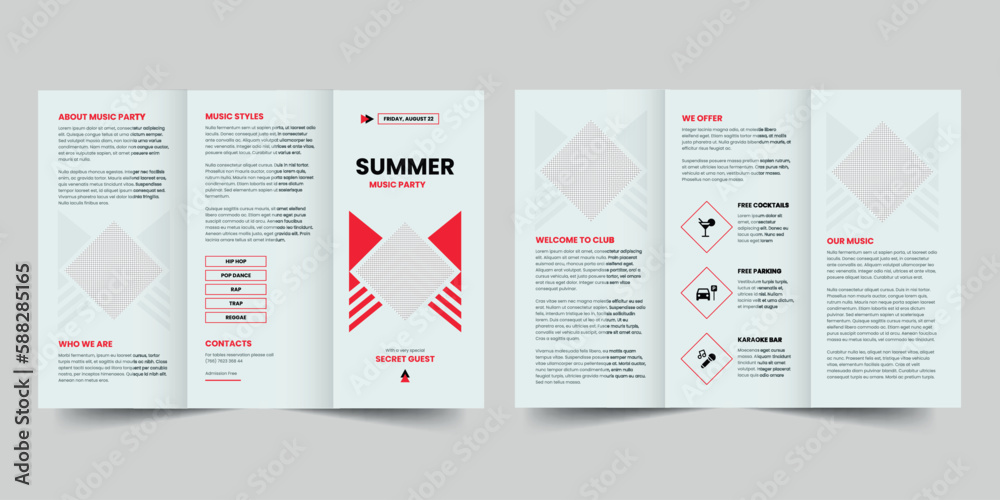 Summer Music Party  trifold brochure template. A clean, modern, and high-quality design tri fold brochure vector design. Editable and customize template brochure