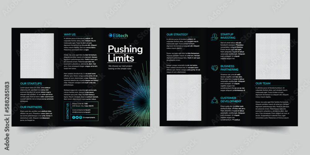 Tech Startup trifold brochure template. A clean, modern, and high-quality design tri fold brochure vector design. Editable and customize template brochure