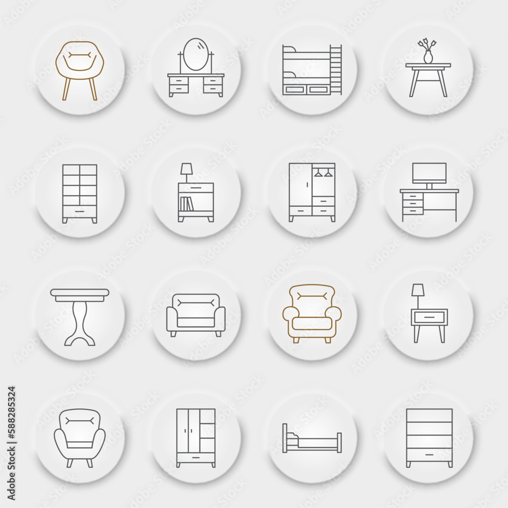 Furniture line icon set, home room collection, vector graphics, neumorphic UI UX buttons, furniture vector icons, interior signs, outline pictograms, editable stroke