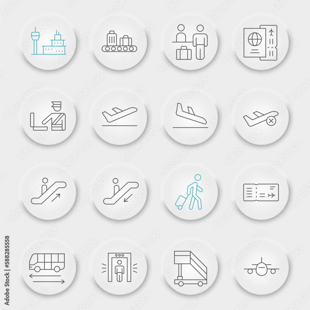 Airport line icon set, travel collection, vector graphics, neumorphic UI UX buttons, airport vector icons, terminal signs, outline pictograms, editable stroke