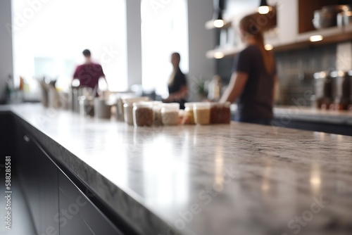  a counter top in a restaurant with people in the background and a person standing at the counter in the foreground of the photo,. generative ai