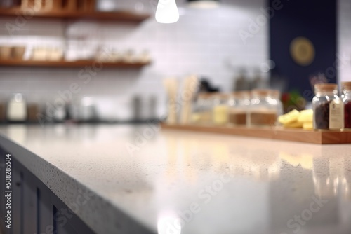  a counter top in a kitchen with jars of liquid on it and a tray of food on the counter top in the background with a clock on the wall. generative ai