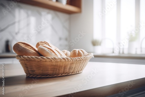  a basket of bread sitting on top of a wooden counter next to a window with blinds on it's side and a window sill in the background.  generative ai