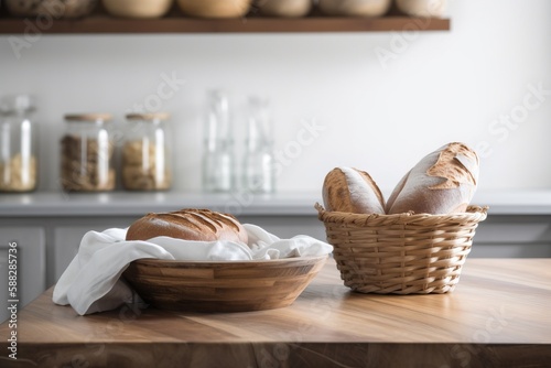  a basket of bread sitting on top of a wooden table next to a loaf of bread on top of a white cloth on top of a wooden table. generative ai