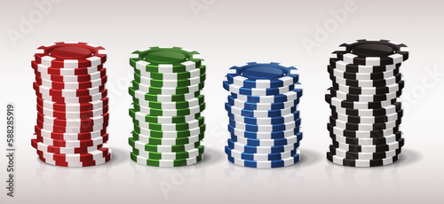 3d realistic vector icon illustration. Poker chips stack in different colors. Casino game money tokens.