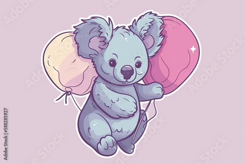  a cartoon koala holding a pink and yellow balloon on a pink background with the words koala on it s side and a pink balloon in the shape of the shape of a koala.  generative ai