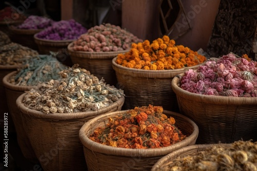  baskets filled with different types of flowers on display in a market area of a city market area, with a variety of dried flowers in baskets. generative ai