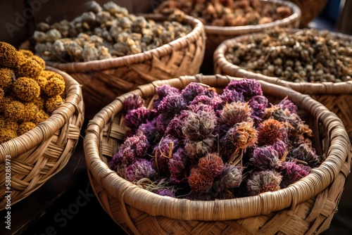  baskets filled with dried flowers sitting on top of a wooden table next to other baskets filled with dried flowers on top of a wooden table.  generative ai