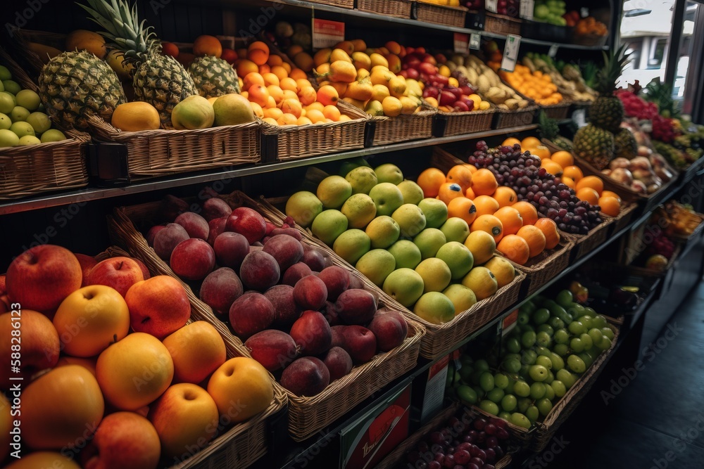  a fruit stand filled with lots of different types of fruits and vegetables in baskets and baskets on the shelves of the store's shelves.  generative ai