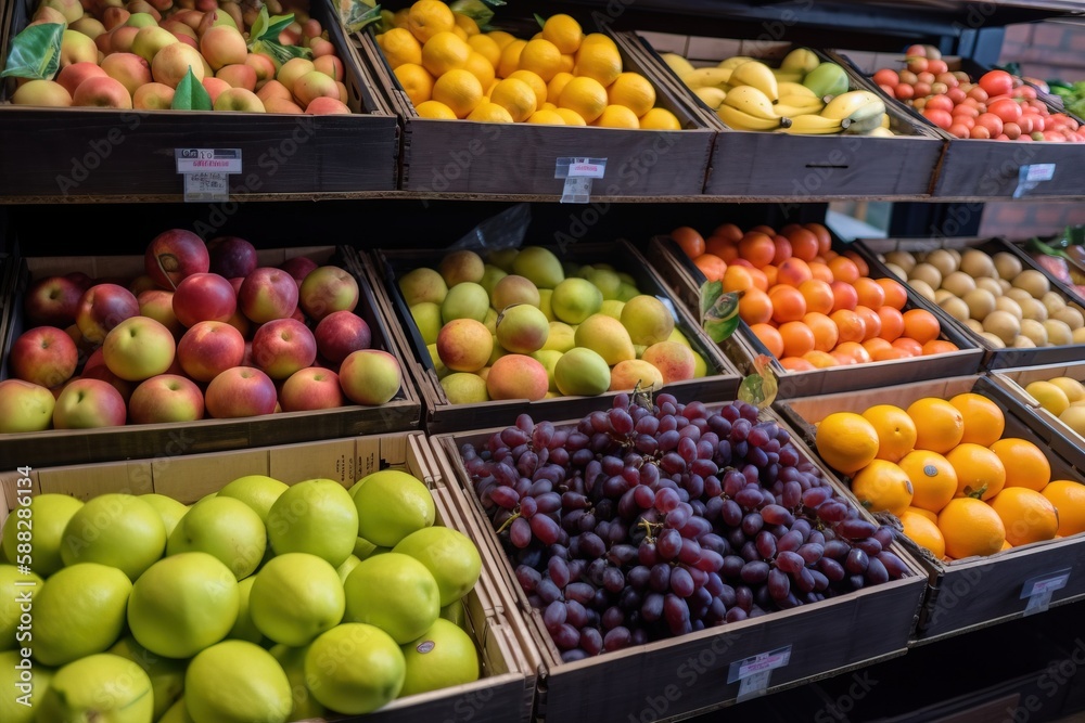  a fruit stand with many different types of fruit in boxes on the shelves of the store, including apples, oranges, lemons, grapes, and pears.  generative ai