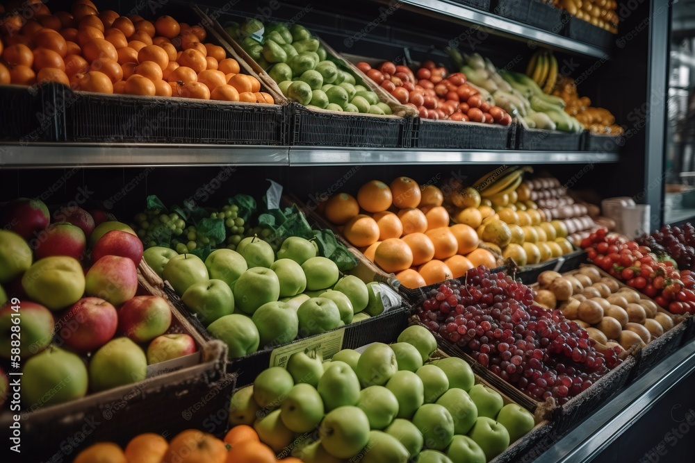  a display of fruits and vegetables in a grocery store with a man in the background looking at the display of fruits and vegetables in a grocery store.  generative ai