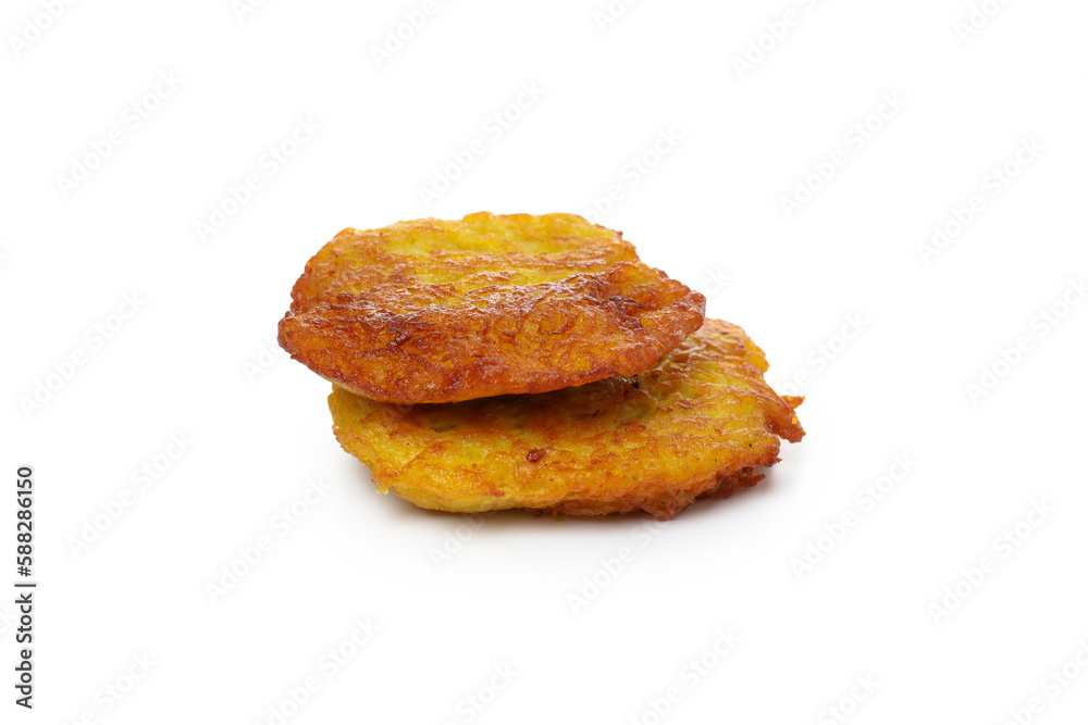 Potato pancakes isolated on white background, close up Potato pancakes isolated on white background, close up