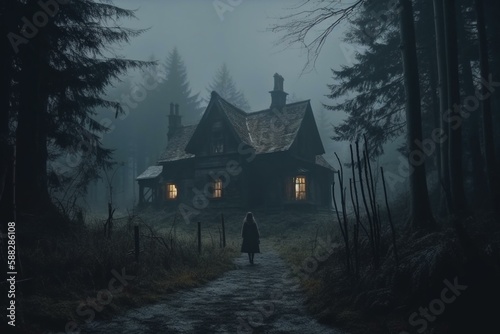 a scary house and a witch in the dark forest cinematic Generative AI