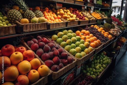  a fruit stand filled with lots of different types of fruits and vegetables in baskets and baskets on the shelves of the store's shelves. generative ai