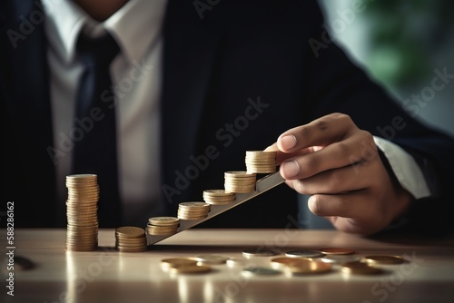  a man in a business suit is stacking coins with a wooden ruler on a table in front of a stack of gold coin stacks. generative ai