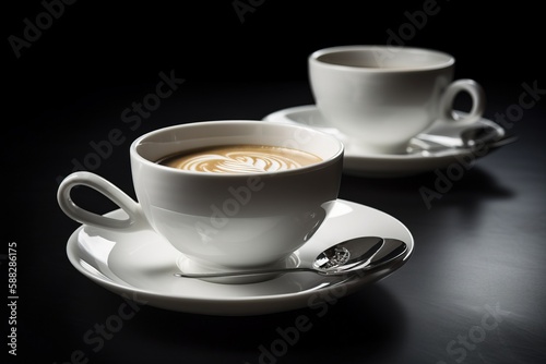  two cups of coffee on a saucer with spoons on a black tablecloth with a black background and a black background with a white coffee cup and saucer with a spoon. generative ai