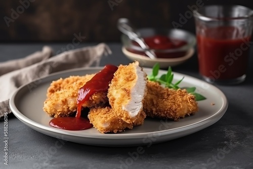  a plate of fried chicken with ketchup and sauce on it next to a glass of ketchup and a napkin on a table.  generative ai