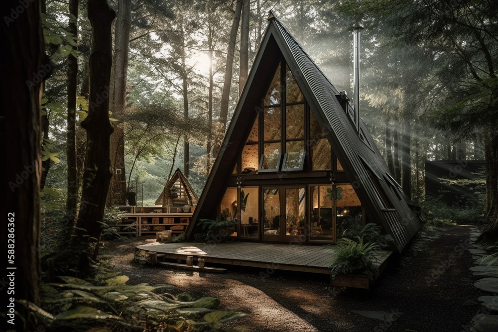 Soft light with A frame chalet desgin in the woods. Cabin in the shape of an A with glass windows in the forest with sunlight. Rural tourism in the forest. Ai generated Soft light with A frame chalet desgin in the woods. Cabin in the shape of an A with glass windows in the forest with sunlight. Rural tourism in the forest. Ai generated