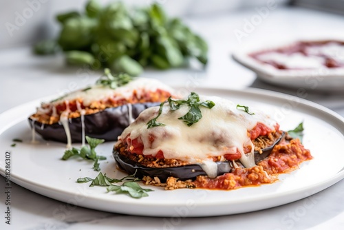  a plate of stuffed eggplant covered in cheese and sauce with a bowl of sauce in the back ground and a plate of stuffed eggplant in the background. generative ai