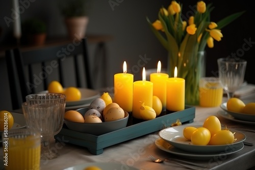  a table set with plates, candles, and plates of eggs and oranges on a table cloth with a vase of tulips in the background. generative ai