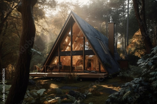Soft light with A frame chalet desgin in the woods. Cabin in the shape of an A with glass windows in the forest with sunlight. Rural tourism in the forest. Ai generated