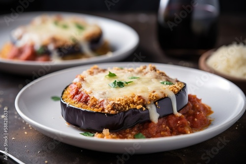  a plate of stuffed eggplant covered in sauce and cheese with a fork next to the plate of stuffed eggplant on the side.  generative ai