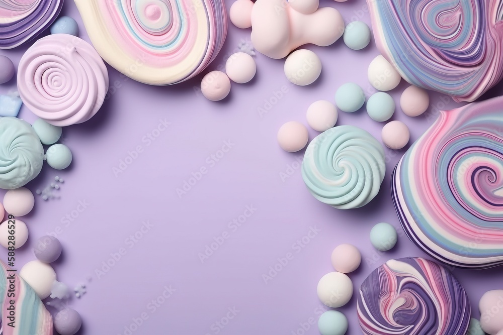 a purple background with lots of different colored lollipops and other