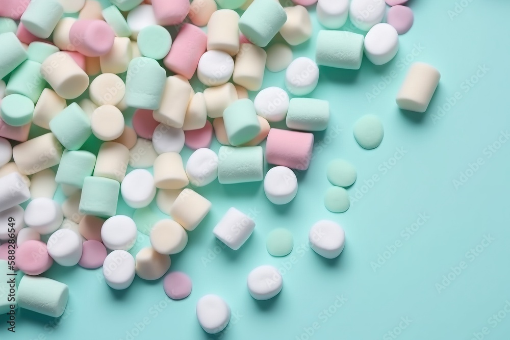 a pile of pastel colored marshmallows on a blue background with a few scattered around it, top view, from above. generative ai a pile of pastel colored marshmallows on a blue background with a few scattered around it, top view, from above. generative ai