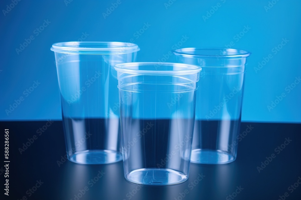 three clear plastic cups sitting on a black table with a blue background in the back ground and a blue wall in the back ground behind them. generative ai three clear plastic cups sitting on a black table with a blue background in the back ground and a blue wall in the back ground behind them. generative ai