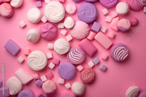  a pink and purple background with different types of candies on top of each other and on the bottom of the image is a pink background.  generative ai