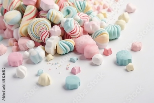  a pile of colorful candy on a white surface with confetti sprinkles scattered around it and scattered around the top of the candy. generative ai
