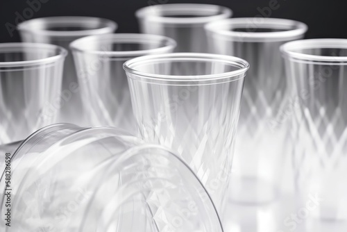  a group of clear cups sitting on top of a white counter top next to a black wall with a black background behind them and a white background.  generative ai