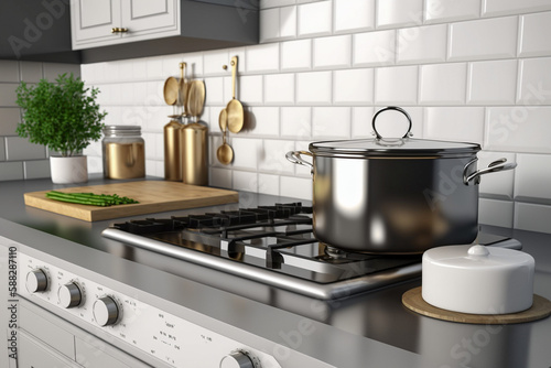 Kitchen stove in a kitchen, modern interior design. Super photo realistic background. Generative ai illustration
