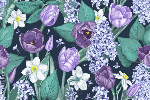 Floral seamless pattern with hand drawn Spring Flowers on a dark blue background. Vector illustration of Tulips, Lilac and Narcissus. Blooming white, blue, indigo flowers and green leaves
