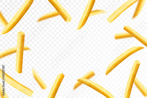 French fries background. Fast food banner. Flying french fries potatoes with blurry effect isolated on white. Junk food. Falling roasted vegetable pieces. Realistic 3d vector illustration