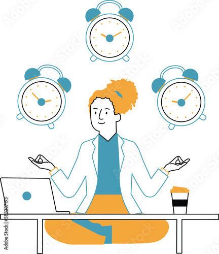 Vector illustration of a woman meditating in front of a laptop. Time Management