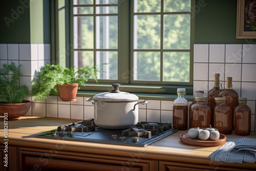 Kitchen stove in a kitchen  modern interior design. Super photo realistic background. Generative ai illustration