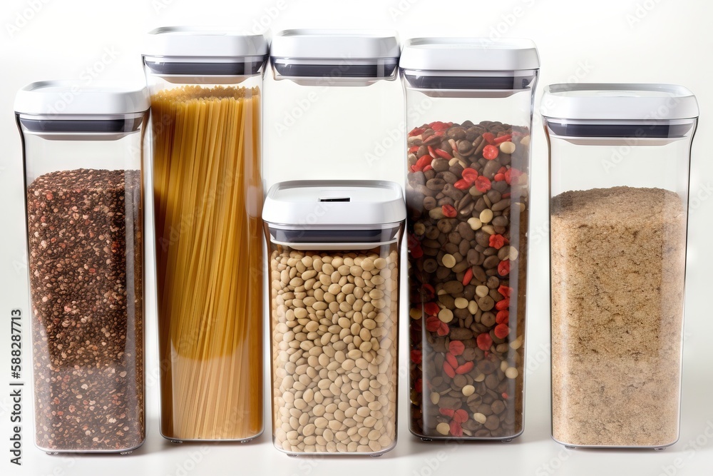 a row of glass containers filled with different types of food and cereals on a white surface with a white back ground behind them and a white background. generative ai a row of glass containers filled with different types of food and cereals on a white surface with a white back ground behind them and a white background. generative ai