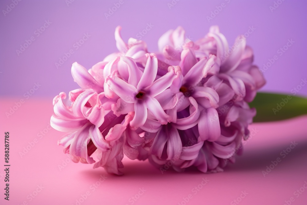  a bunch of pink flowers sitting on top of a pink table top next to a green leaf on a pink surface with a purple background.  generative ai