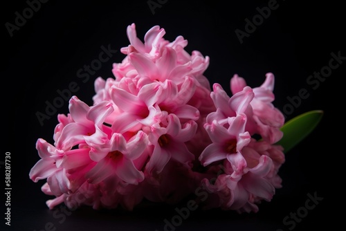  a bunch of pink flowers sitting on top of a black table top next to a green leafy plant on a black surface with a black background. generative ai
