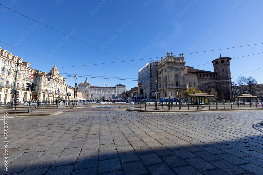 TORINO (TURIN), ITALY, MARCH 25, 2023 - View of Castello square with Royal Palace and Madama palace on the background in torino, Italy.