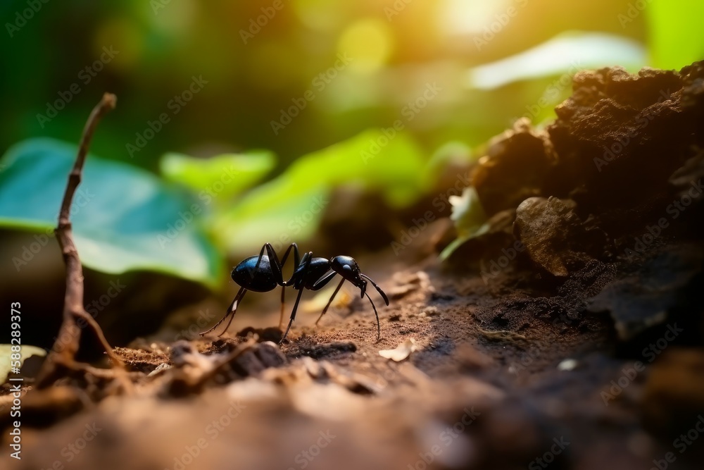 Wild ant on forest ground. Generate Ai