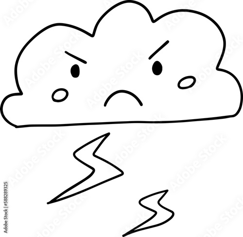 Cute angry stormy cloud and thunder cartoon emotion expression  icon. Vector illustration